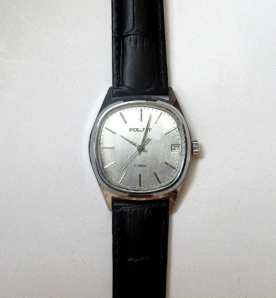 Poljot vintage herenhorloge met datum, USSR van de 70 jaren, Ophalen of Verzenden, Staal, Overige merken, 1960 of later