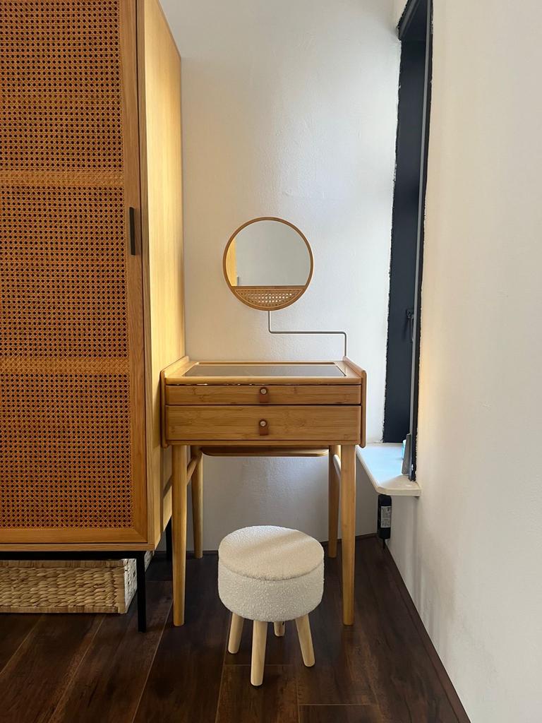Bamboe kaptafel met spiegel en lades, Ophalen, 100 tot 150 cm, 50 tot 100 cm, Zo goed als nieuw