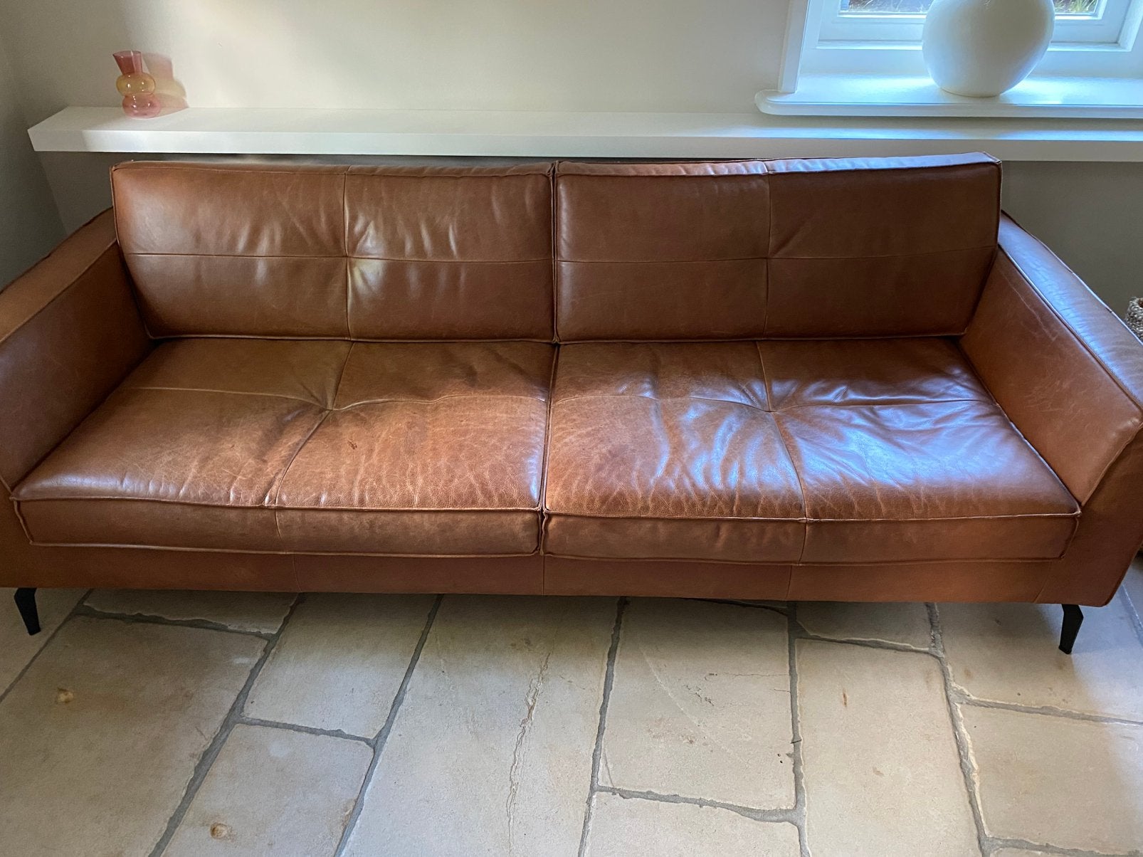 Leren 3-zits bank, kleur cognac, Huis en Inrichting, Ophalen, Driepersoons, Zo goed als nieuw, Rechte bank