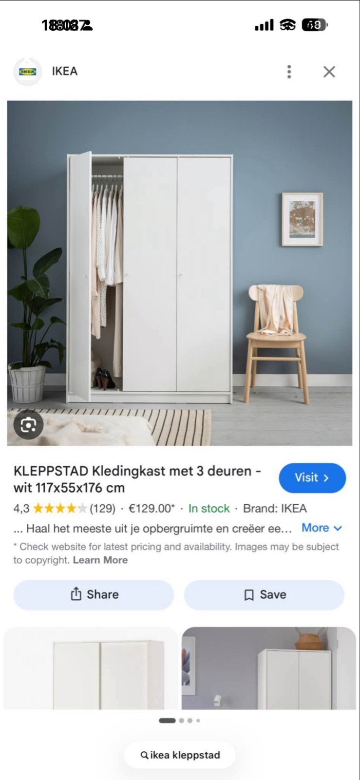 IKEA Kleppstad Kledingkast - Wit, 117x55x176 cm, Ophalen, Overige materialen, Gebruikt, 100 tot 150 cm