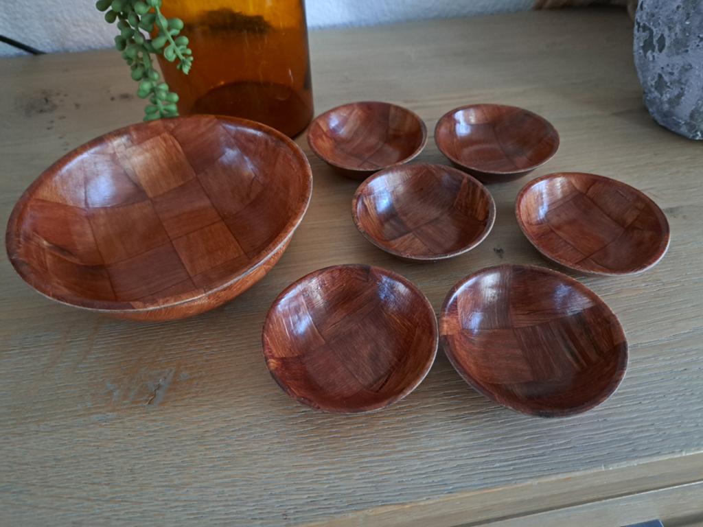 Vintage set schaal + 6 kleine hout geweven patroon, Overige typen, Ophalen of Verzenden, Gebruikt