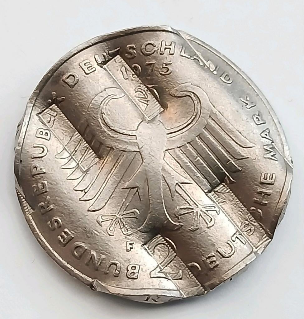 Duitsland 2 Mark 1975F Oude Munt Misslag Wokkel Error Coin, Ophalen of Verzenden, Duitsland