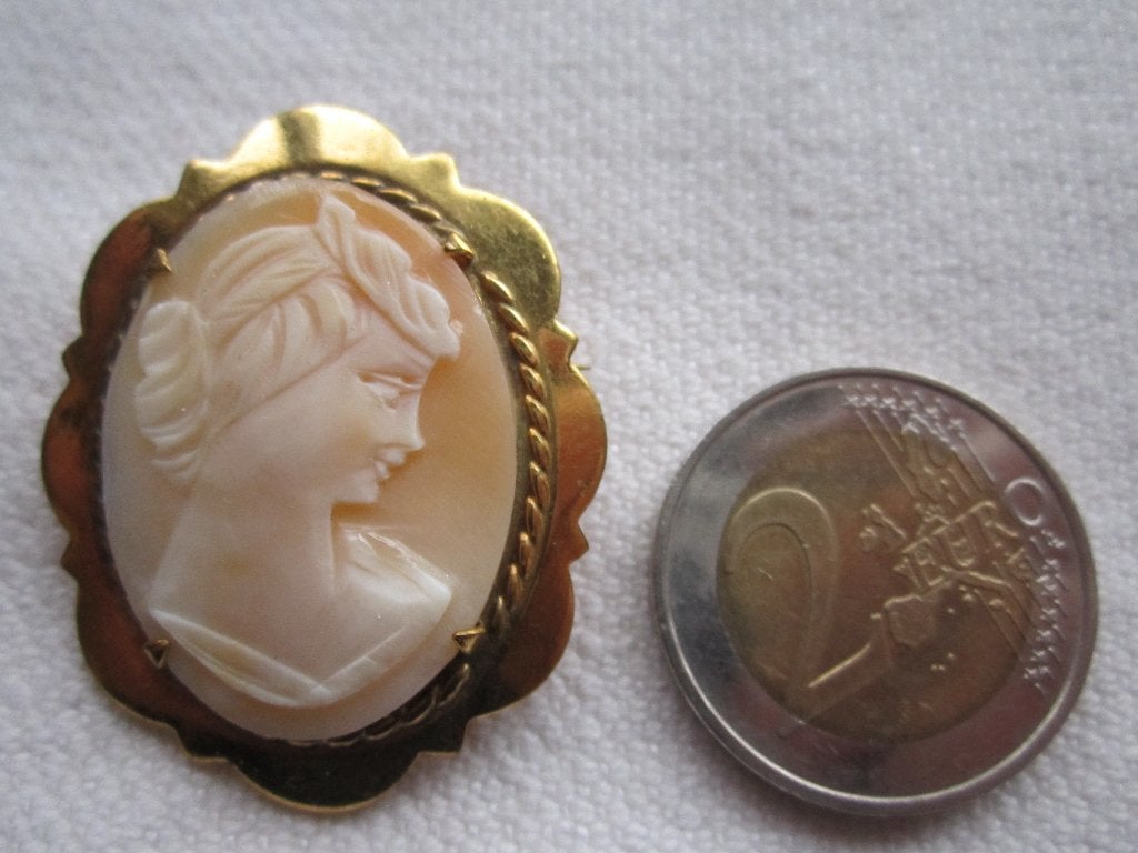 16.   Schitterende oude camee schelpgestoken gold plated, Ophalen, Overige materialen, Broche