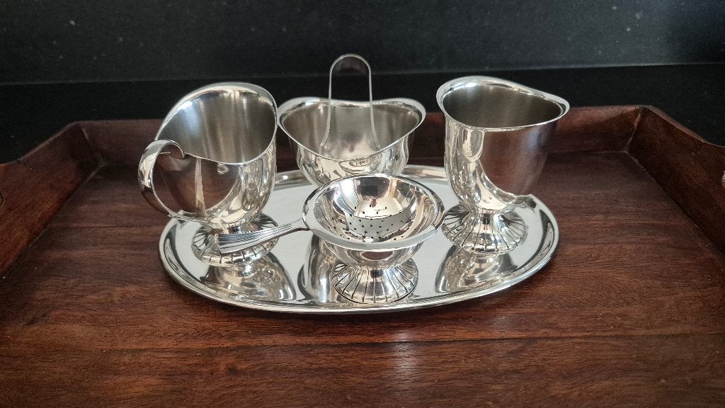 Verzilverd Douwe Egberts 7-deelige theeset (compleet), Ophalen of Verzenden