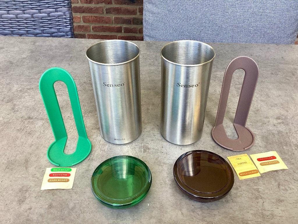 Set 2 Senseo koffiepad-voorraadbussen + lift: groen en bruin, Ophalen of Verzenden, Gebruikt, Overige modellen, Koffiepads en cups