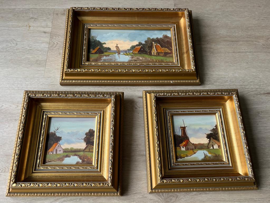 Drieluik schilderijtjes landschap barok lijst jaren 50, Ophalen of Verzenden