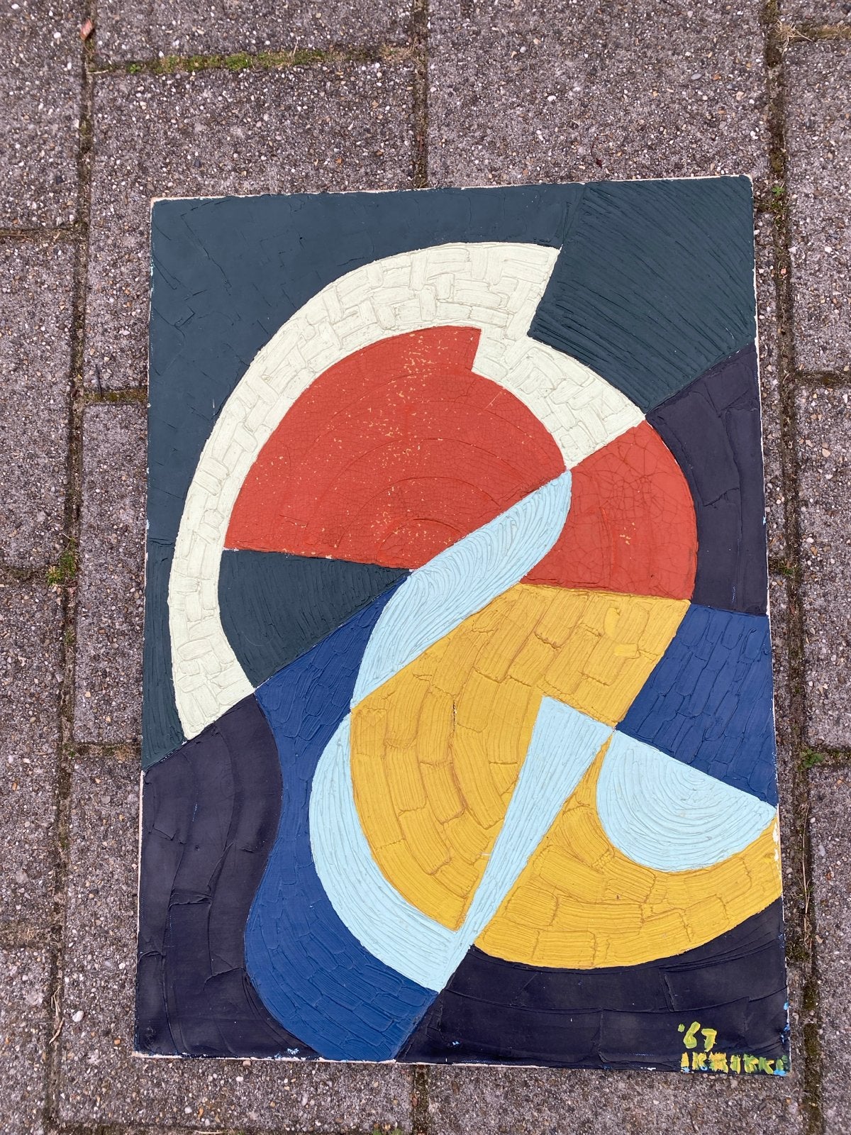 Abstract Schilderij uit 1967 - Levendige Kleuren en Textuur, Ophalen, Abstract, Textiel, Gesigneerd