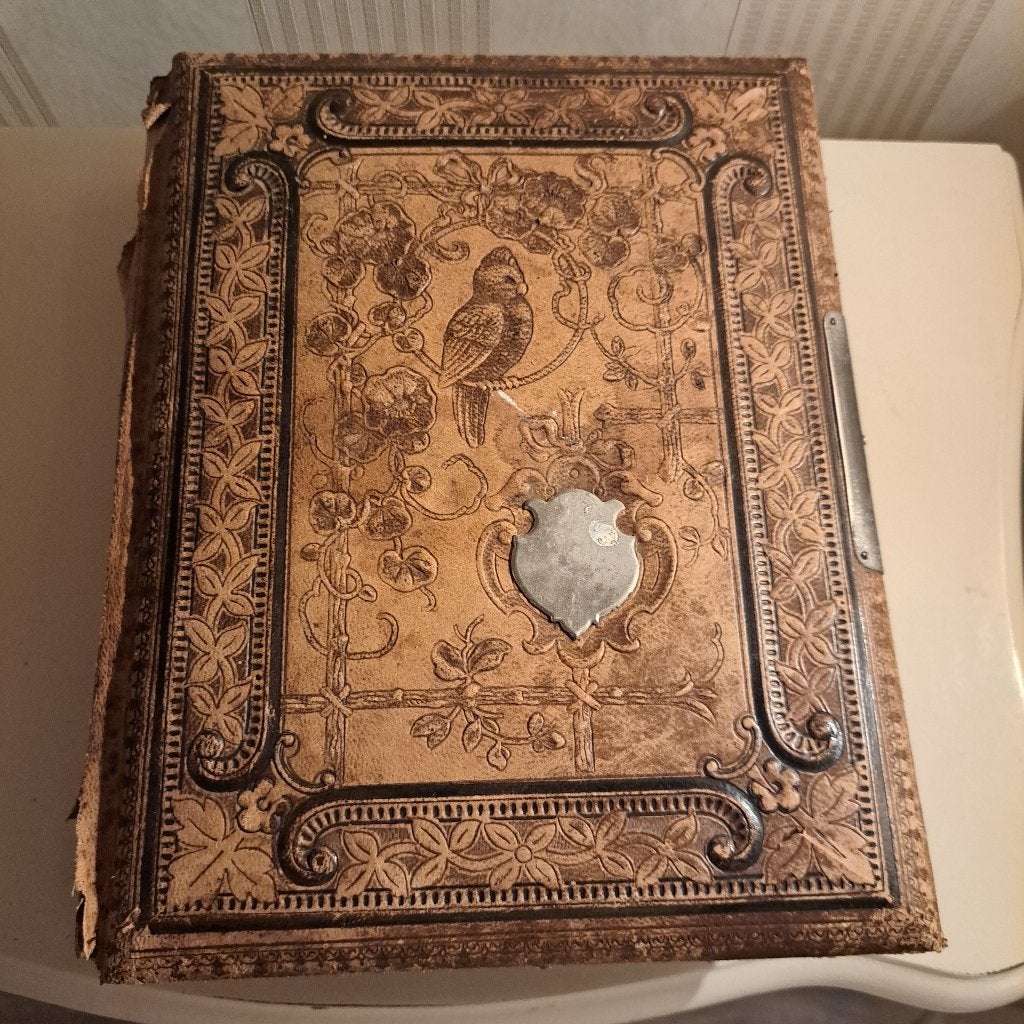 Antiek fotoalbum met leren omslag en vogelmotief, Ophalen