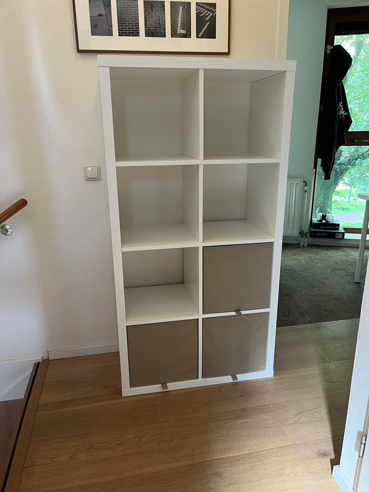 Witte Ikea Kallax Kast met 8 Vakken en 3 Opbergboxen, Met plank(en), 100 tot 150 cm, Zo goed als nieuw, 25 tot 50 cm