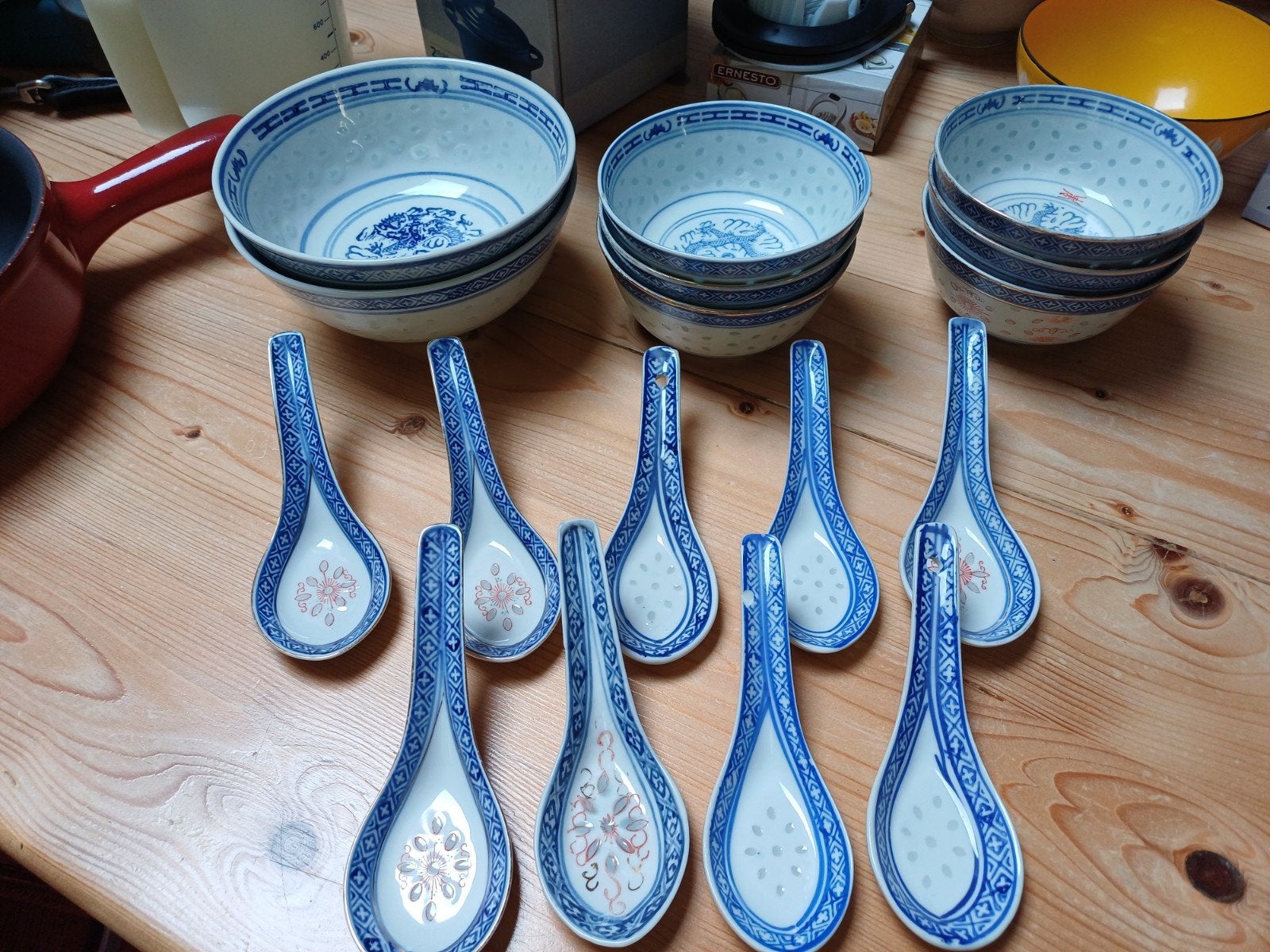 Aziatisch servies: 8 kommen en 9 lepels, blauw/wit, Ophalen, Aziatisch, Gebruikt, Kom(men)