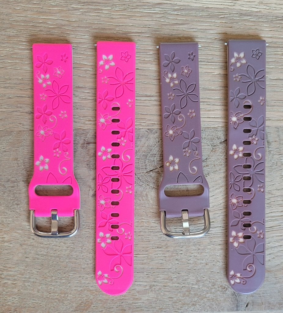 2 smartwatch bandjes 18 mm - 1x roze 1x paars met bloemen, Ophalen of Verzenden, Zo goed als nieuw, Paars, Android