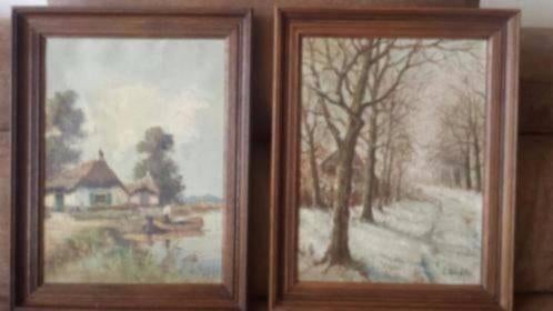 twee schilderijen L. Woudstra. Winterlandschap en boer boot., Ophalen