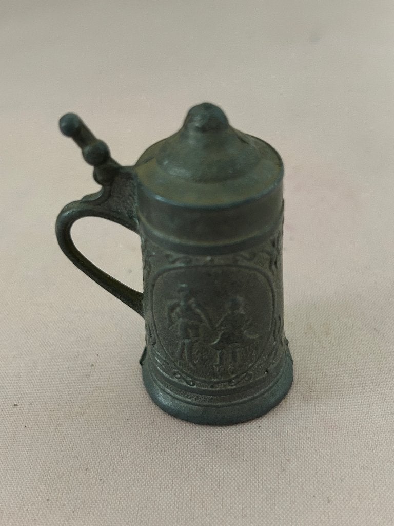 Vintage tinnen miniatuur bierpul met relief decoratie, Antiek en Kunst, Ophalen of Verzenden