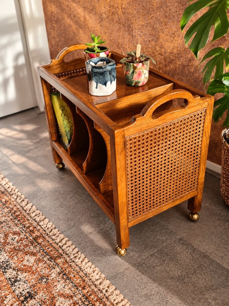 Vintage Drexel Et Cetera trolley bijzettafel 1986 hout/rotan, Minder dan 55 cm, Zo goed als nieuw, Rechthoekig, Hout