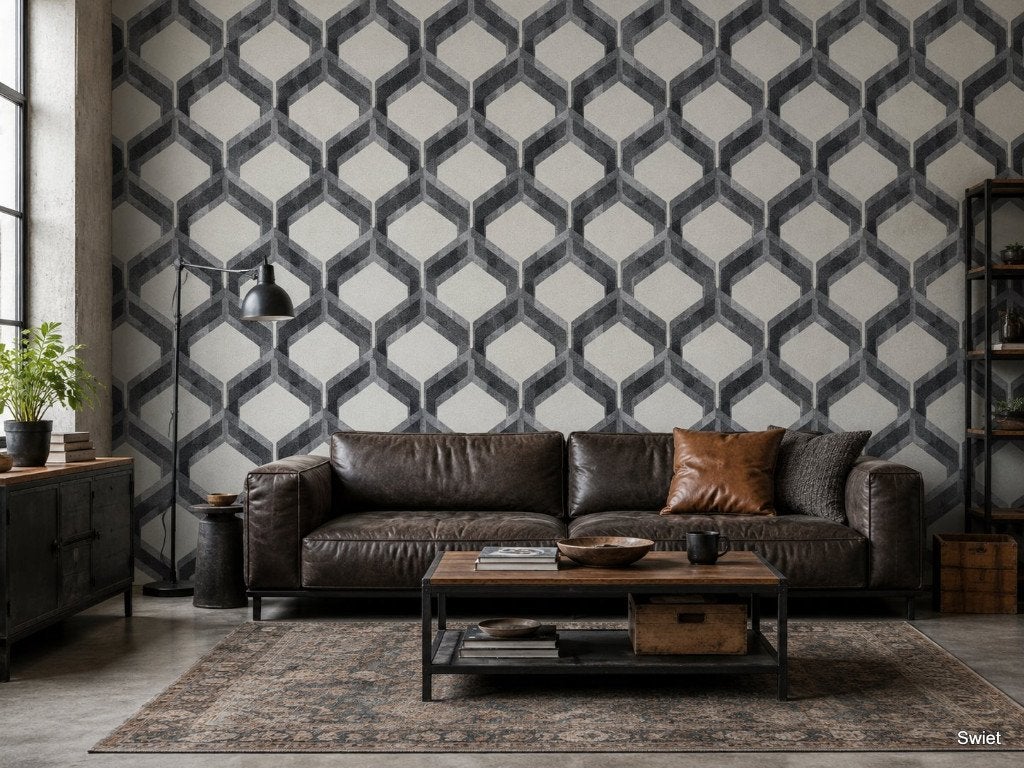 13933 Zwart wit 3D retro behang met grafisch patroon swiet, Ophalen of Verzenden, Zwart