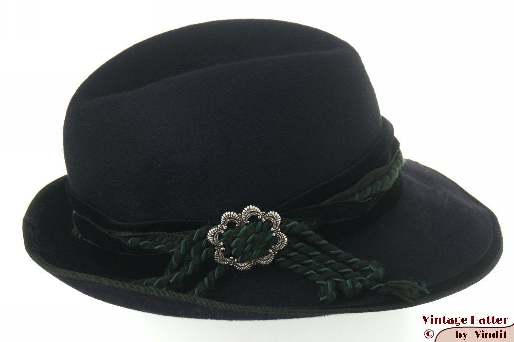 Vintage Dames jachthoed Dolomitenhut donkerblauw haarvilt 57, Kleding | Dames, 56 of 57 cm (M, 7 of 7⅛ inch), Hoed, Ophalen of Verzenden