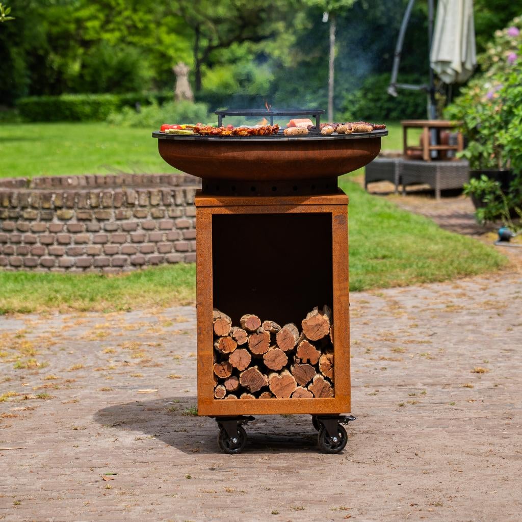 BBQ Plancha Hermano XL 80 Cortenstaal met houtopslag NW, Tuin en Terras, Houtskoolbarbecues, Ophalen of Verzenden, Nieuw, RJRoyal Living