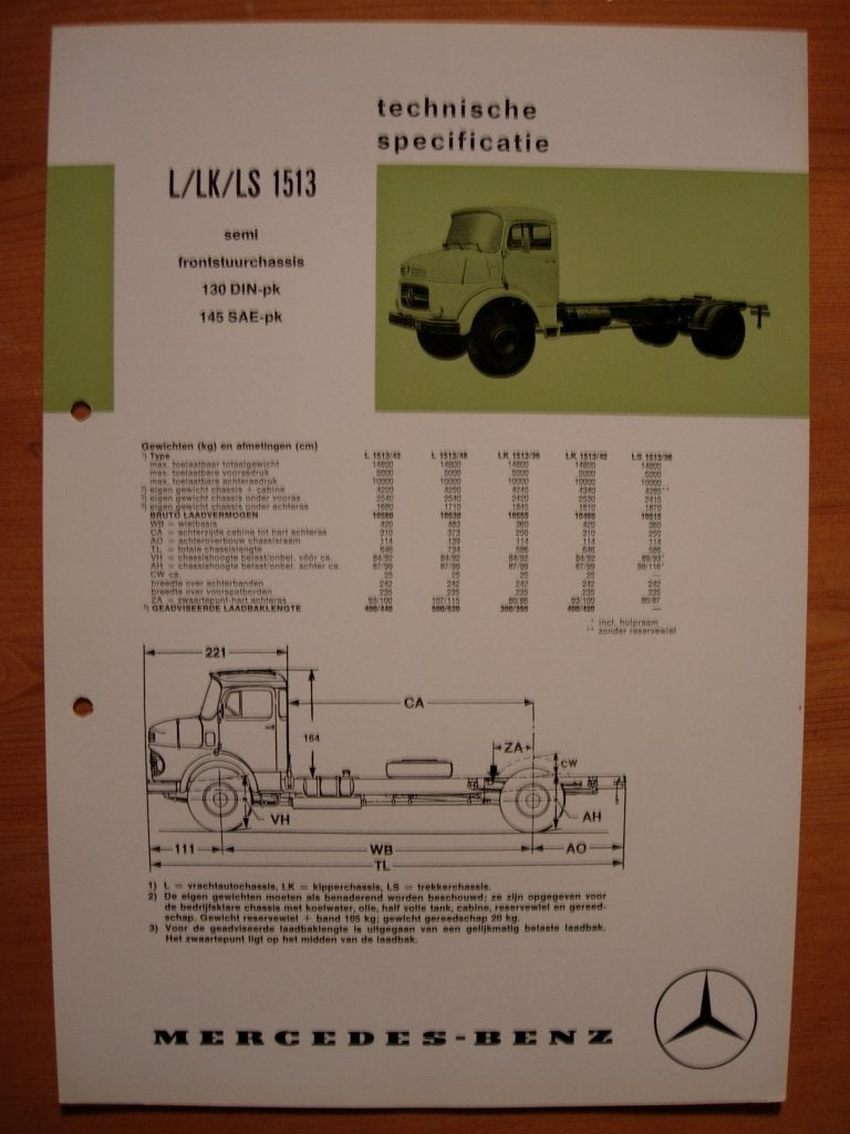 Mercedes 1513 L LK LS 1973 Torpedo Specificatie Brochure, Zo goed als nieuw, Mercedes-Benz, Mercedes, Ophalen of Verzenden