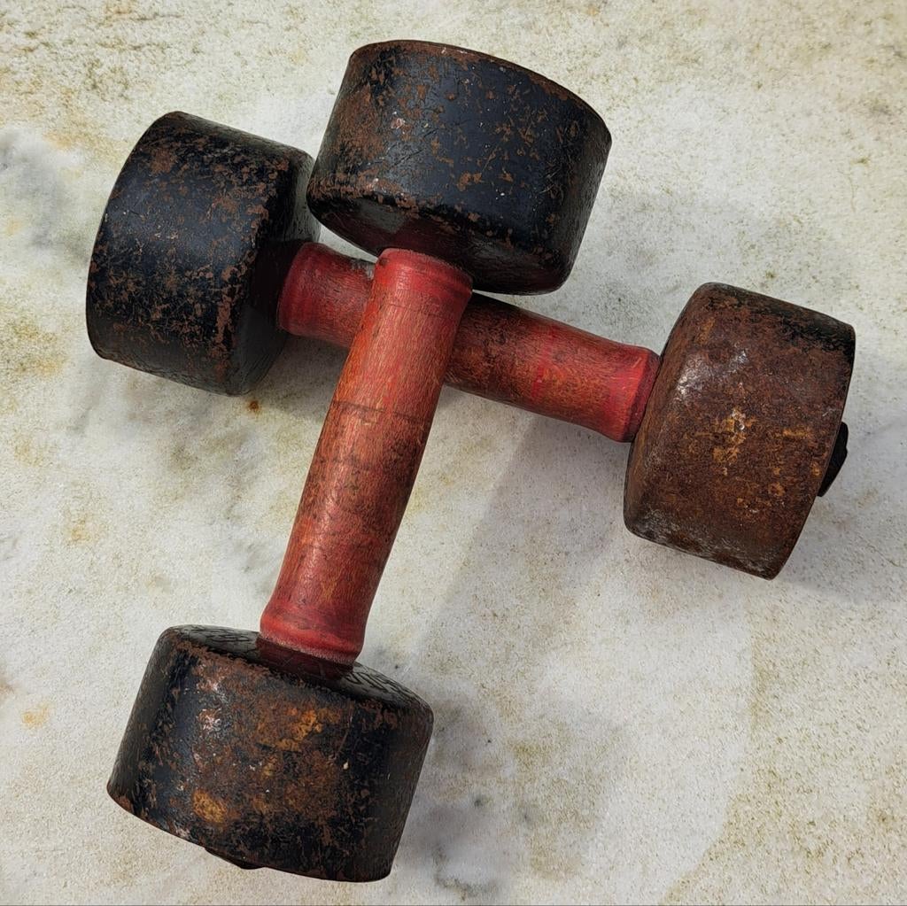 Oude dumbels halter set Frans hout & metaal fitness, Ophalen of Verzenden