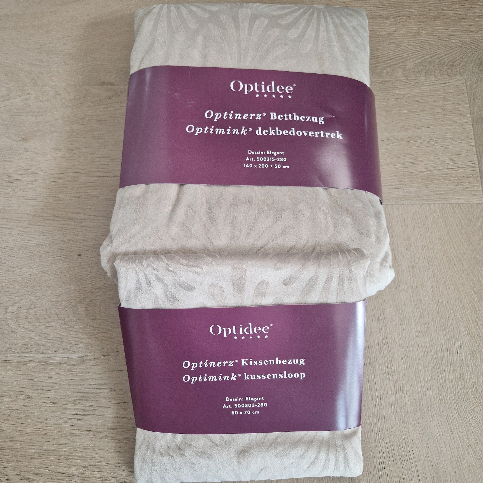 Optidee dekbedovertrek 140x220 Mink beige met motief + sloop, Eenpersoons, Beige, Beddengoedset, Nieuw