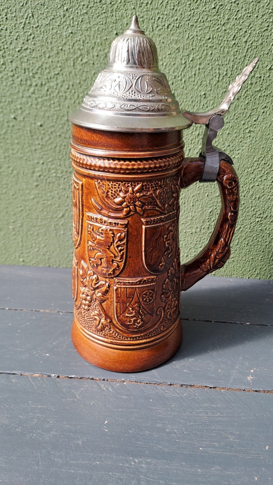 Vintage Duitse Bierpul met Wappen en Tinnen Deksel, Ophalen of Verzenden