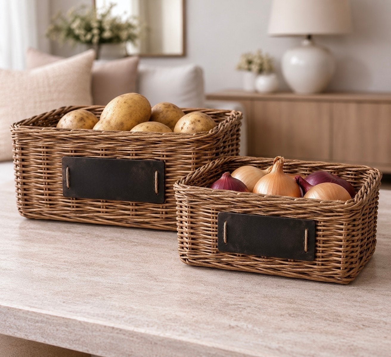 Set van 2 rieten manden met labelhouder, Gevlochten, Mand, Vierkant, Ophalen of Verzenden