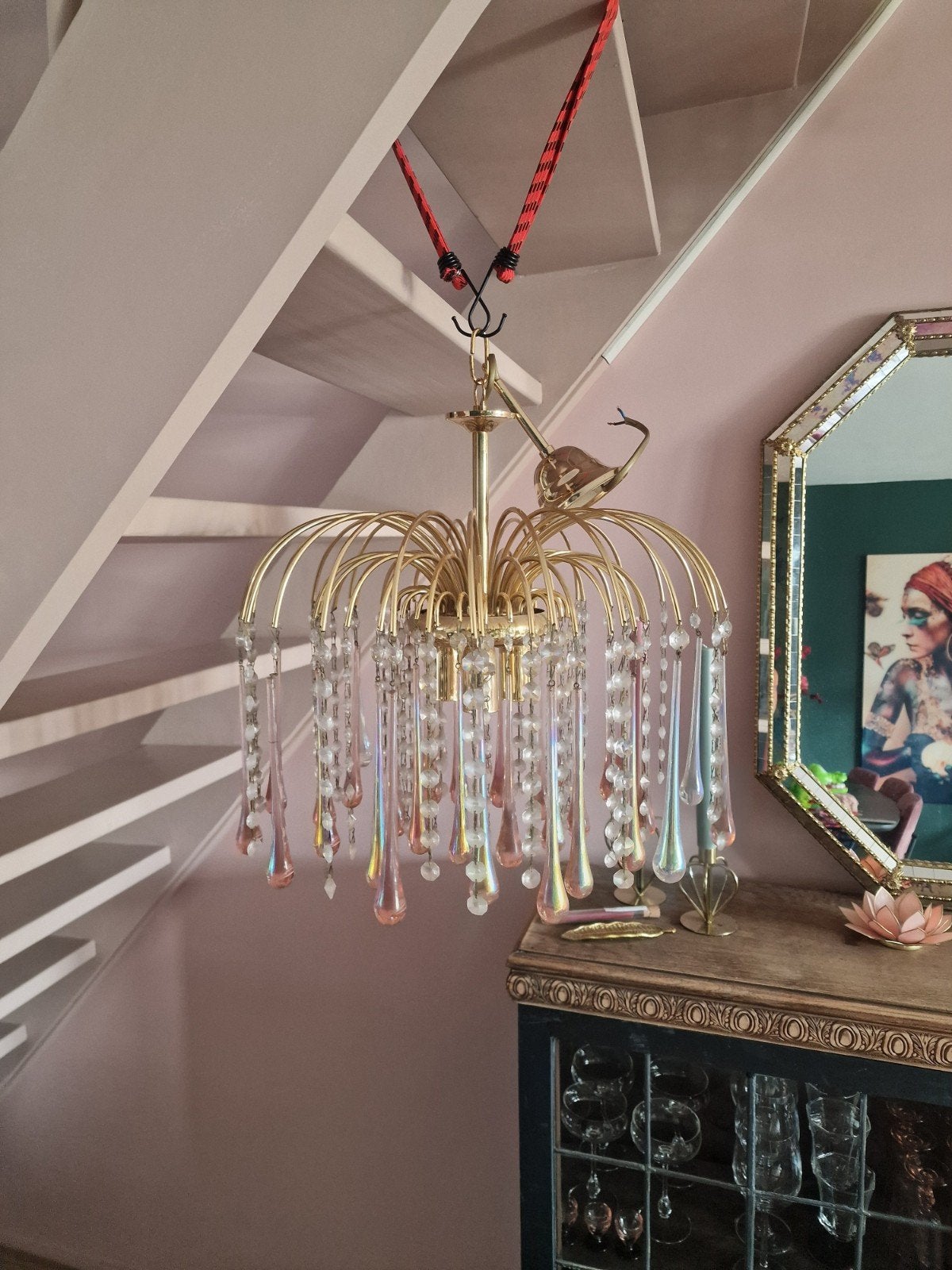 Vintage kroonluchter roze teardrop lamp hollywood regency, Ophalen of Verzenden, Gebruikt, Hollywood regency