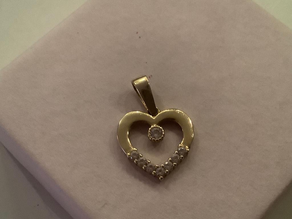 Vintage gouden kettinghanger hart briljant ges. zirkoon 14 k, Verzenden, Zo goed als nieuw, Hart, Met edelsteen