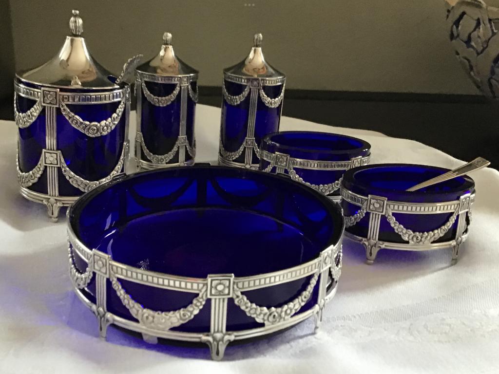 Zilveren peper-zout-mosterdstel met kobaltblauw glas 6-delig, Antiek en Kunst, Ophalen of Verzenden, Zilver