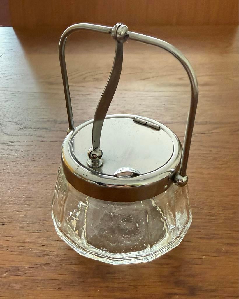 Retro Suikerpot of Jampot met metalen houder en lepel, Ophalen of Verzenden