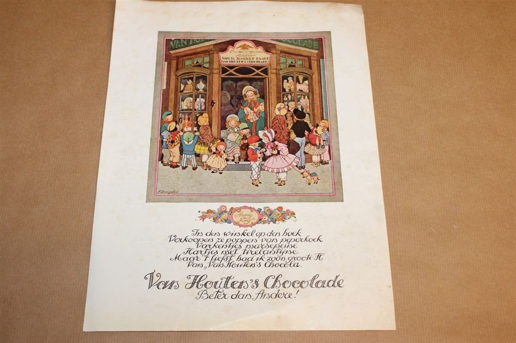 Reclame-kleurenprent - Van Houten Chocolade - 1930 !!, Verzamelen, Ophalen of Verzenden, Zo goed als nieuw, Reclamebord
