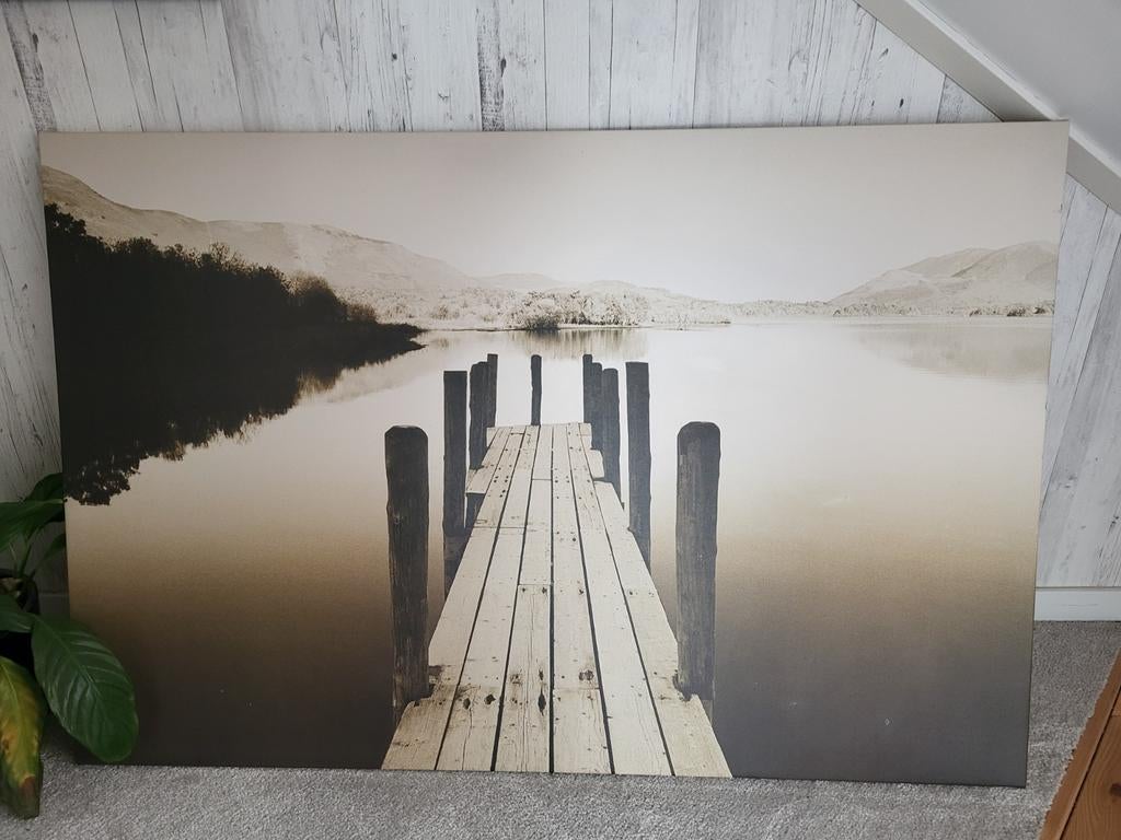 Canvas schilderij: Steiger aan het meer (118x79 cm), Ophalen, Gebruikt, Overige typen, 100 tot 125 cm