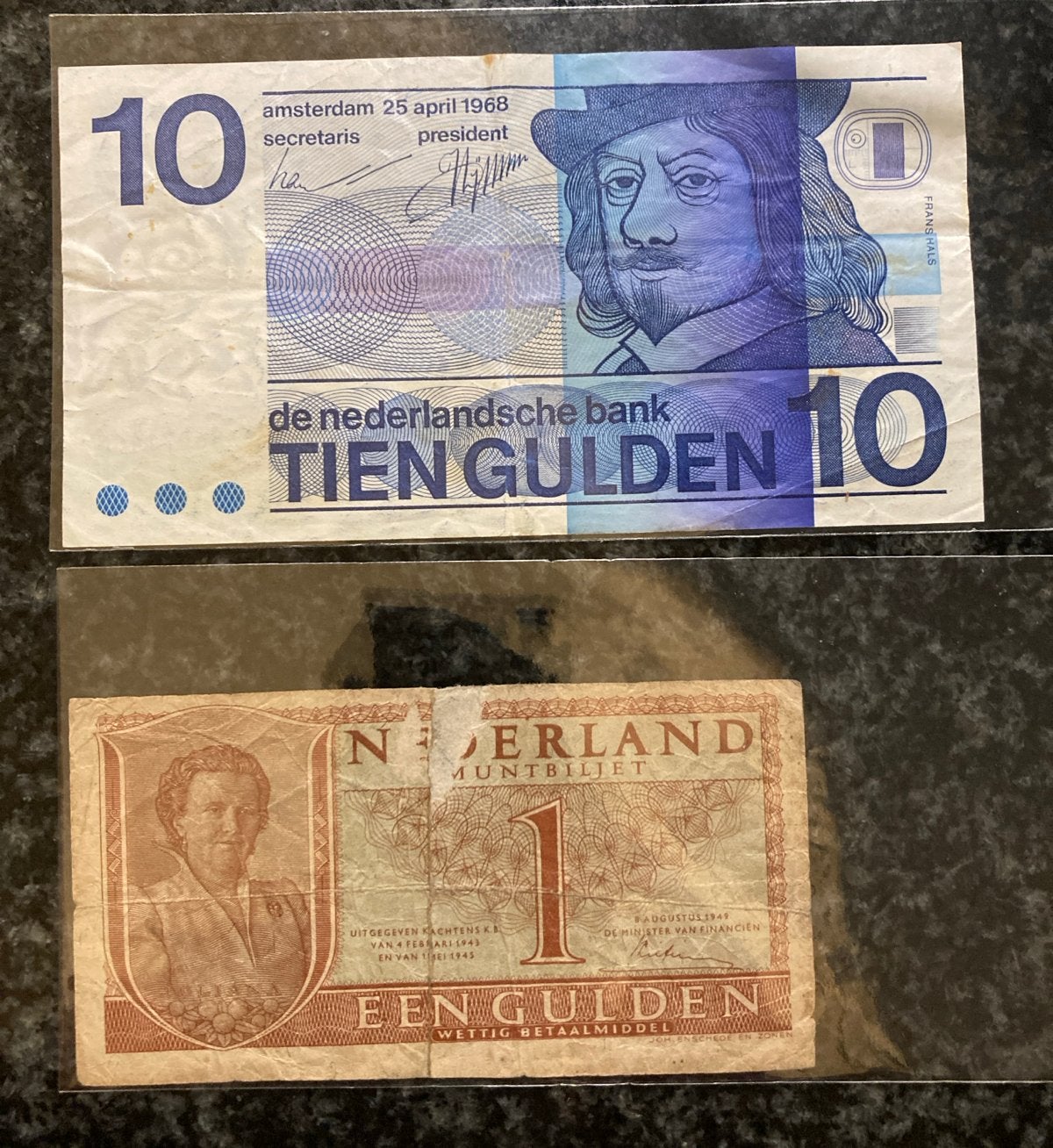 Oude Nederlandse bankbiljetten: 1 gulden en 10 gulden, Postzegels en Munten, Ophalen of Verzenden, 1 gulden, Setje