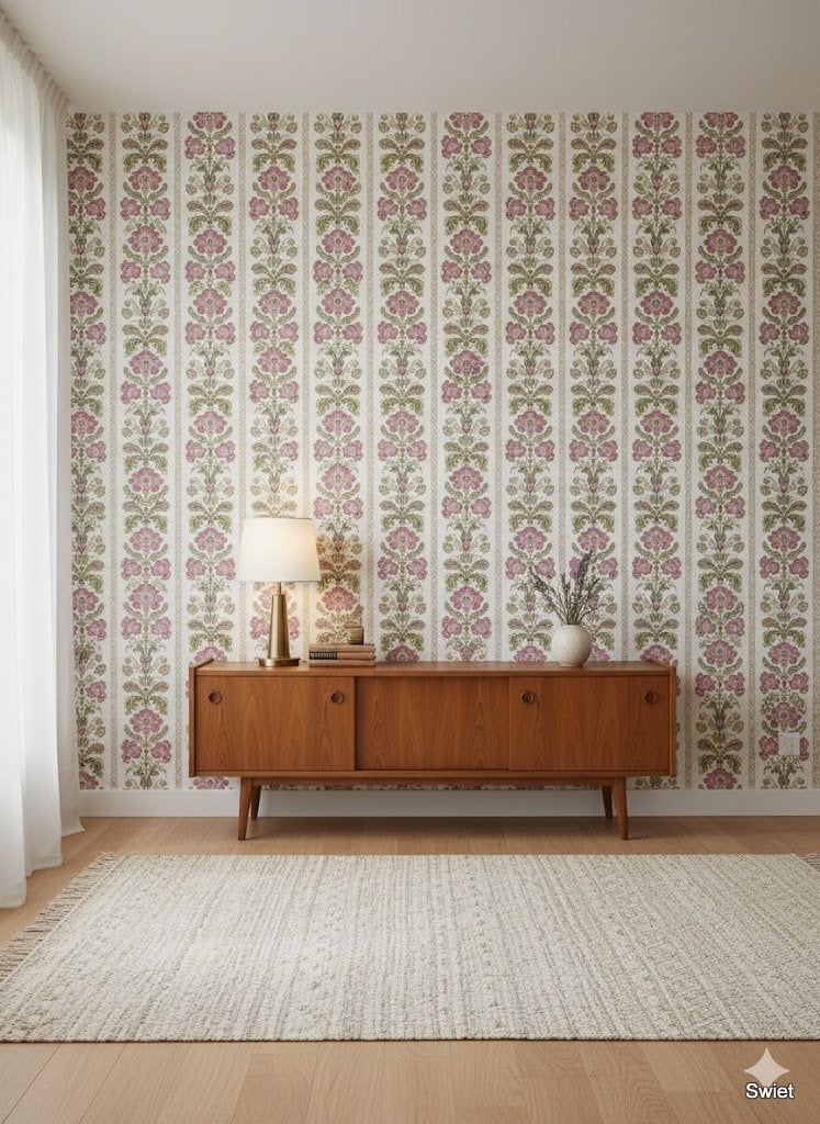 14205 klassiek barok bloemenbehang roze groen swiet, Ophalen of Verzenden, Groen
