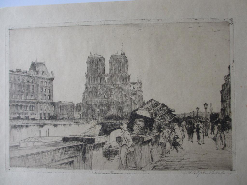 Ets Parijs W.A. Grondhout (Notre-Dame & Bouquinistes), 22 cm, Ets, 35 cm, Ophalen of Verzenden
