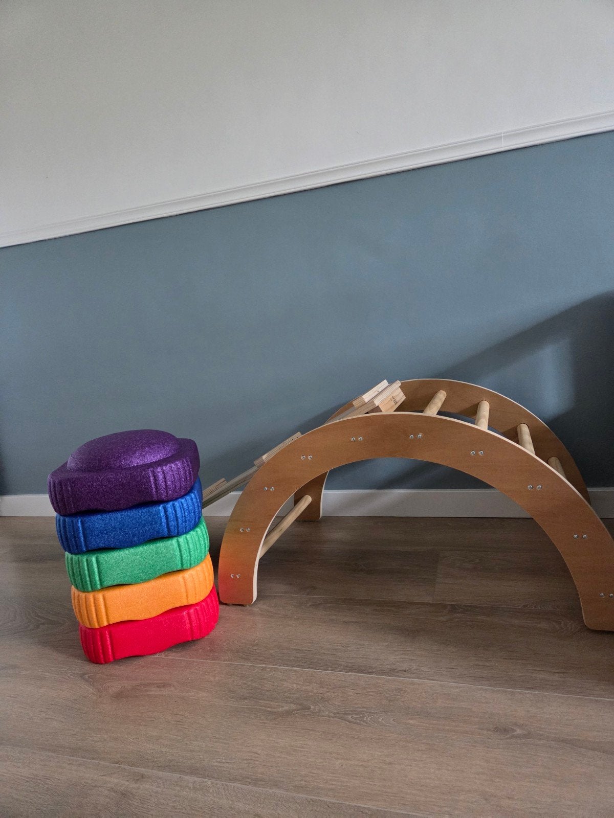 Houten klimrek met glijbaan/klimplank en stapstenen, Ophalen