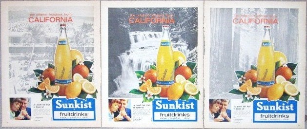 19 vintage reclames California Sunkist frisdrank 66-70 drank, Ophalen of Verzenden, Gebruikt, Reclamebord
