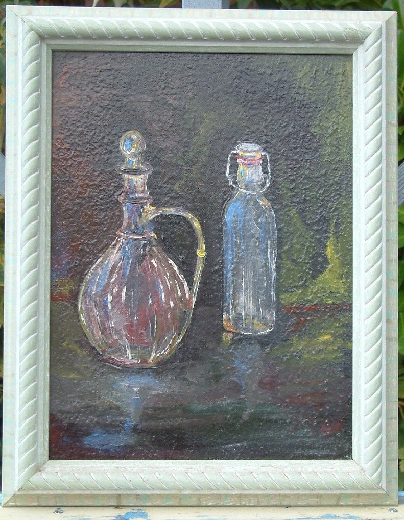 schilderij met bloemen en vazen en melk pot, Antiek en Kunst, Doek, Stilleven, Ophalen of Verzenden, Gesigneerd