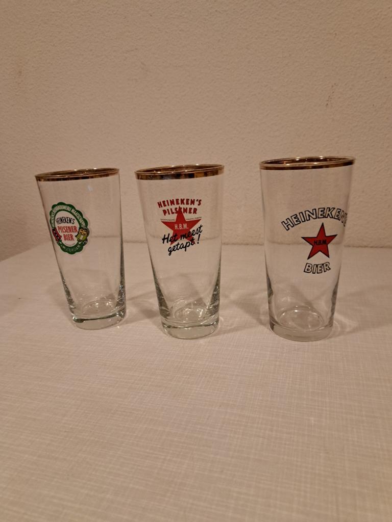 Set van 3 Vintage Heineken Bierglazen, Ophalen of Verzenden, Gebruikt, Glas of Glazen, Heineken