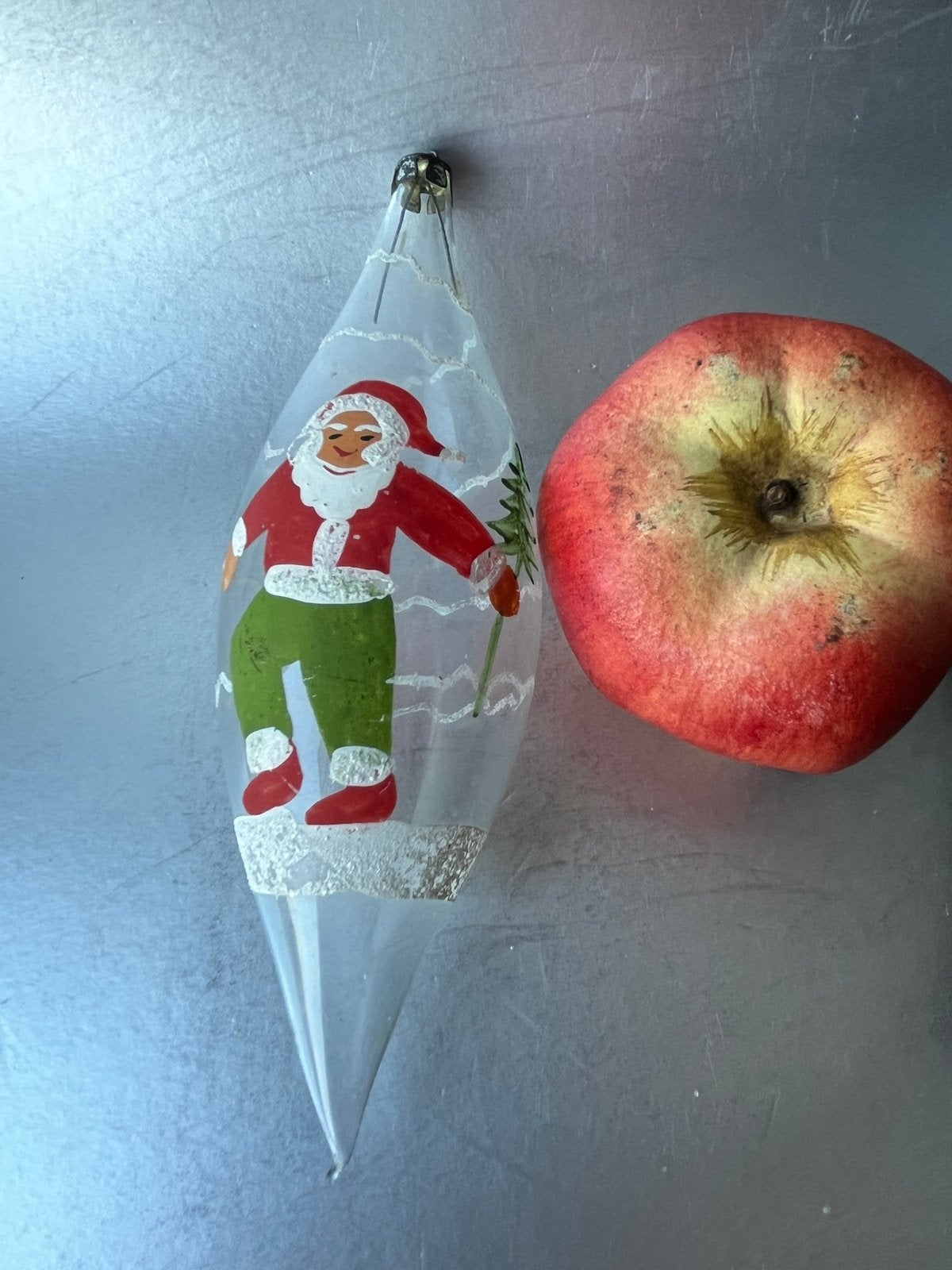 Lange glazen pegel kerstbal: geschilderde kerstman, Diversen, Gebruikt, ., Ophalen of Verzenden, .