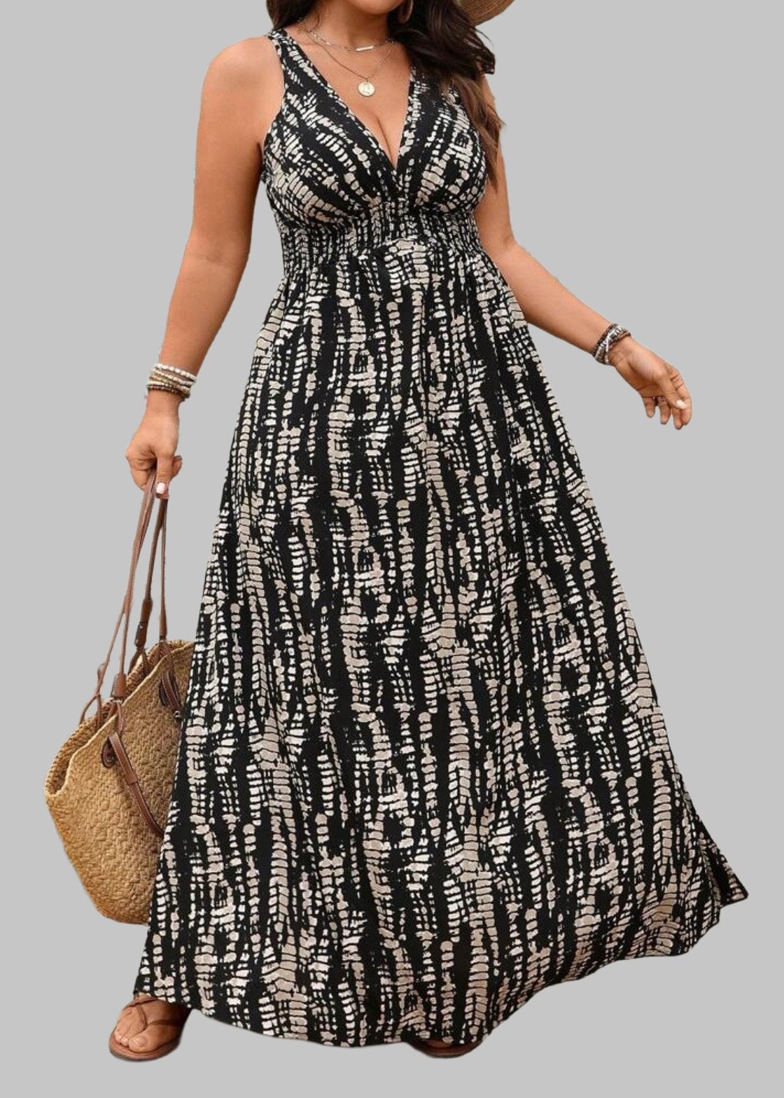 Zomerse Maxi Jurk met V-hals en Tie-Dye Print (44-54), Kleding | Dames, Verzenden, Nieuw, Zwart, Jurk