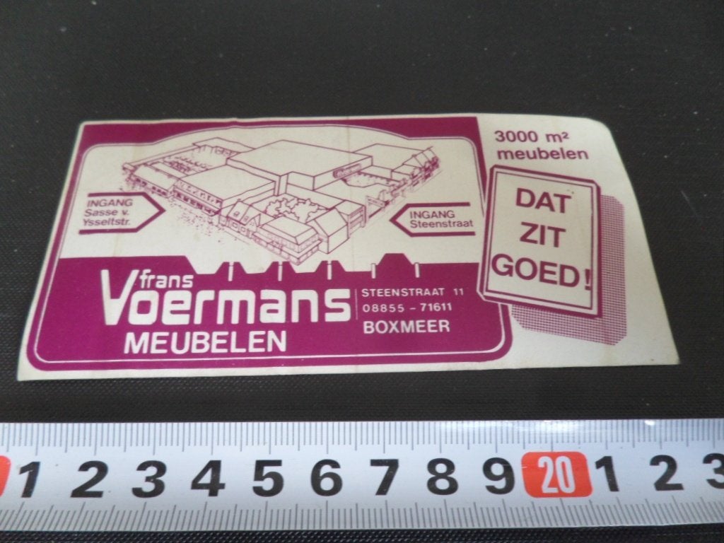 sticker Boxmeer Frans Voermans Meubelen Steenstraat 11, Ophalen of Verzenden, Zo goed als nieuw