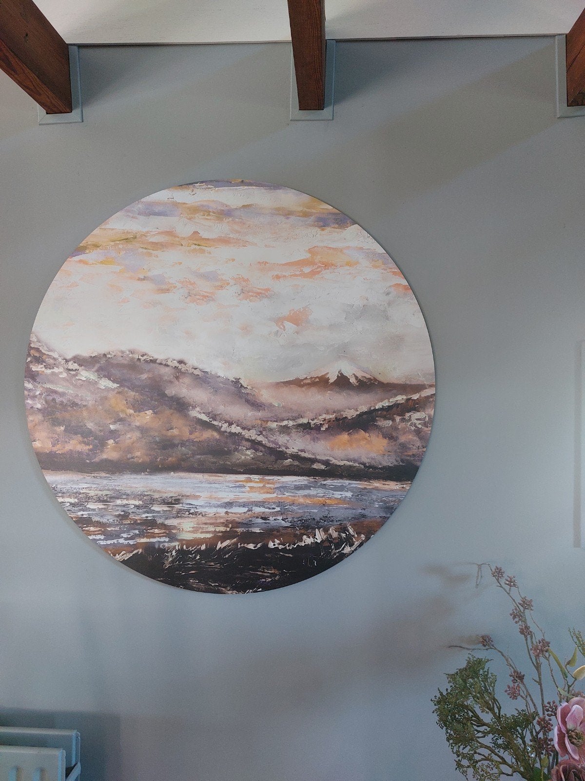 Muurcirkel 100cm doorsnede - Landschap met bergen en water, Antiek en Kunst, Kunst | Schilderijen | Klassiek, Ophalen