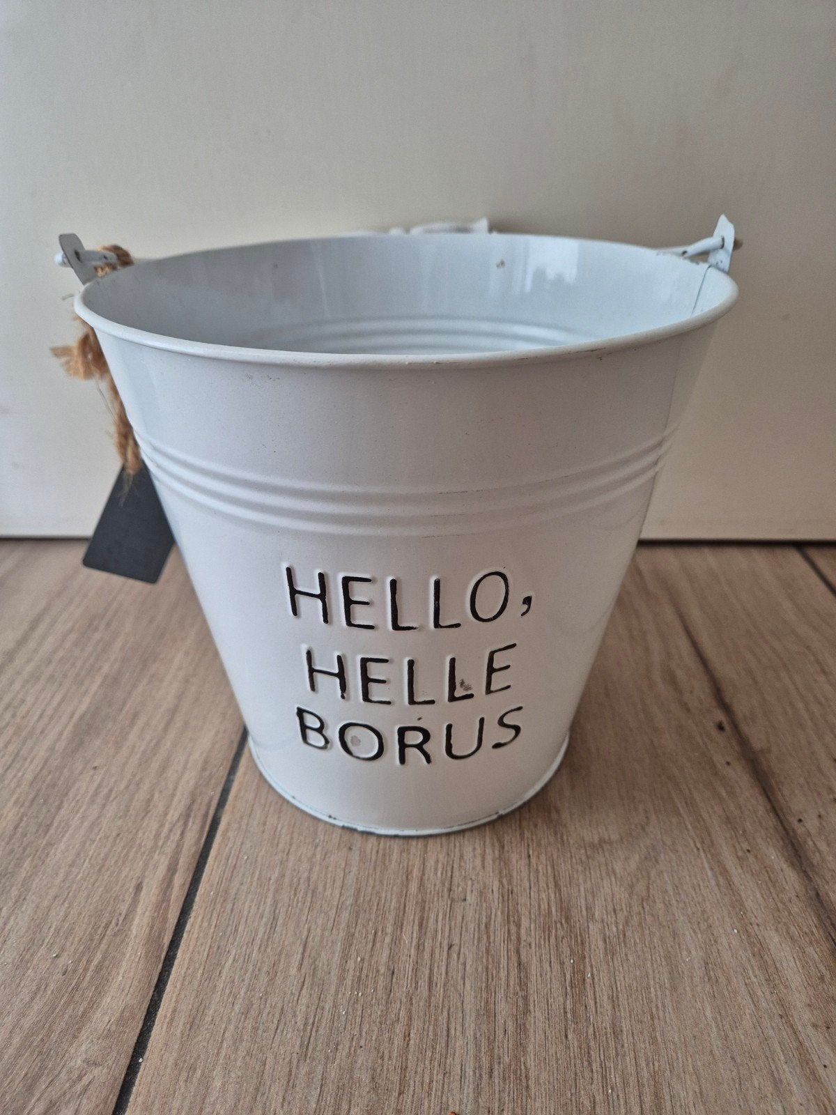 Decoratieve metalen emmer met tekst - Wit (19x21cm), Gebruikt, Overige stijlen, Ophalen of Verzenden, Metaal