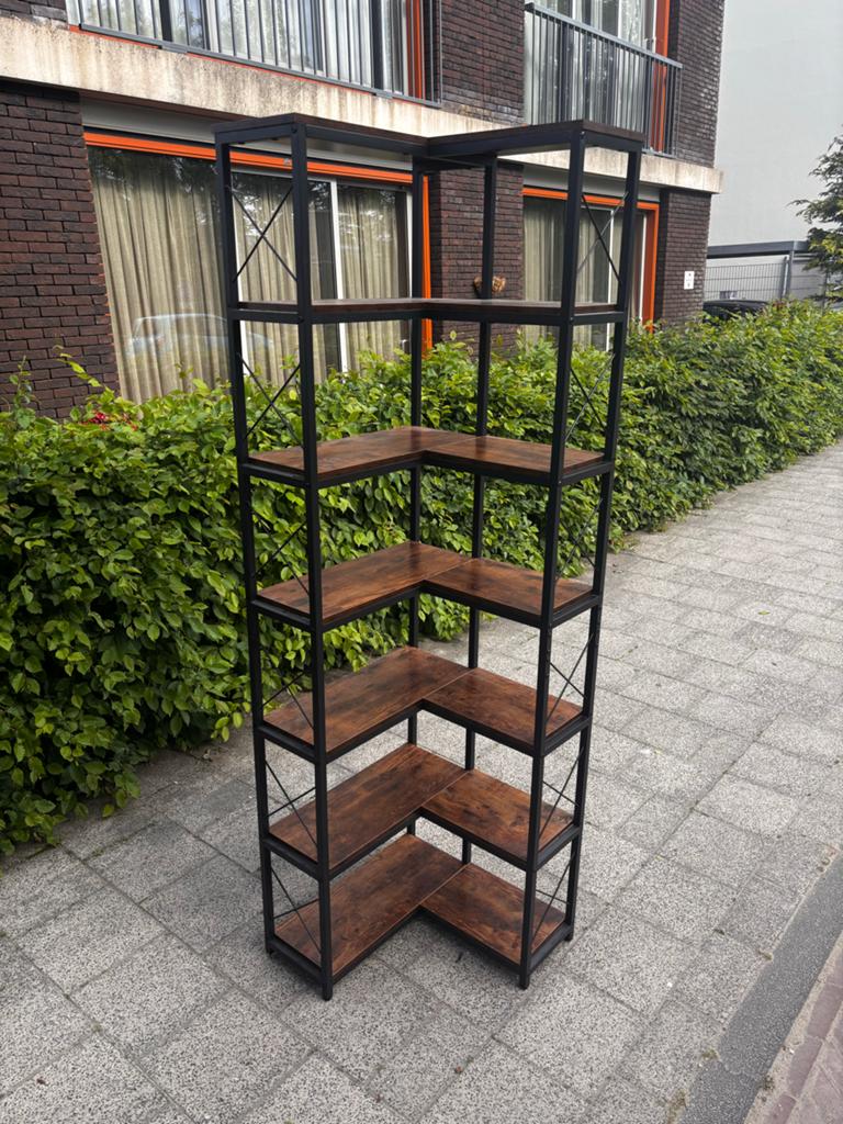 Industriële Hoekboekenkast - Zwart Metaal & Hout, Ophalen, Met plank(en), 200 cm of meer, 50 tot 100 cm
