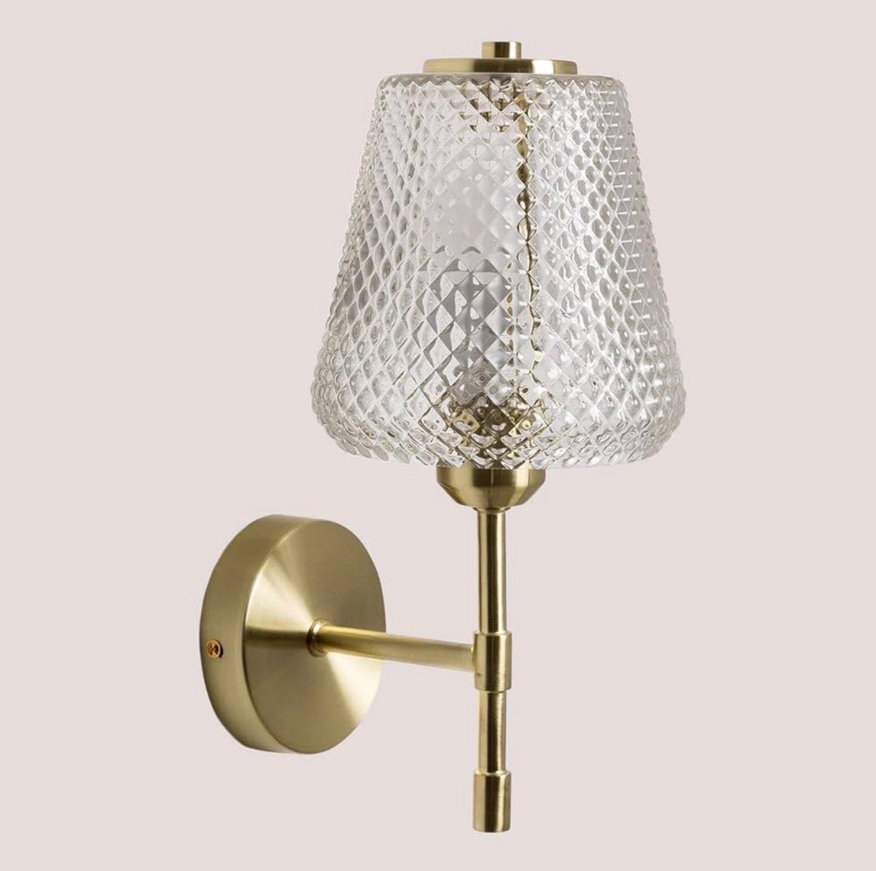 Moderne wandlamp met geribbeld glas en messing accenten, E14 (klein), Nieuw, Ophalen of Verzenden, Nvt
