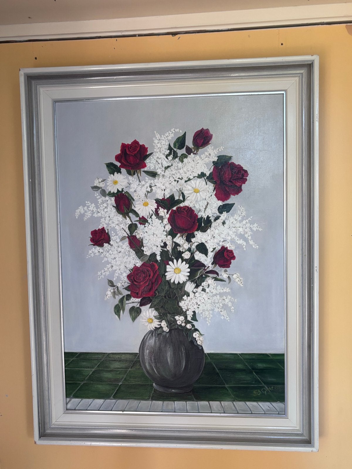 Groot olieverf schilderij met bloemenstilleven, Doek, Stilleven, Ophalen of Verzenden, Olieverf