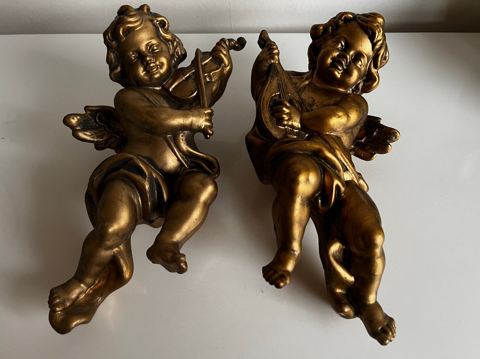 2 Vintage Gouden Engelen Cherubijn Kunststof Harp 80’s, Ophalen of Verzenden