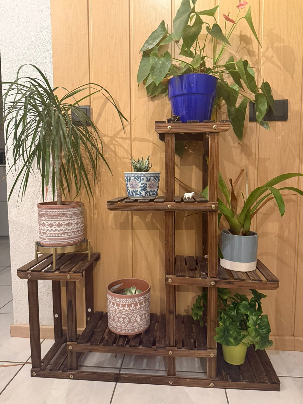 Plantenrek van hout inclusief 6 kamerplanten en pott, Ophalen, Gebruikt, Hout, Overige typen