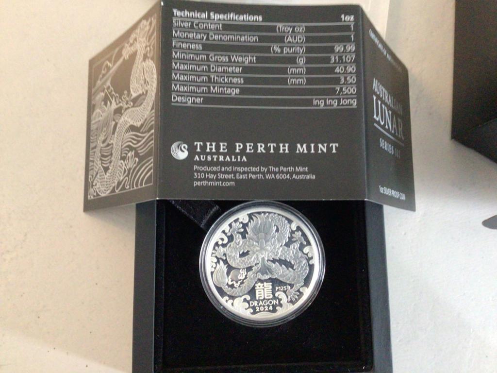 Box: 2024 Perth Mint Lunar Draak 1oz Zilveren Proof Munt, Ophalen of Verzenden, Setje, Zilver